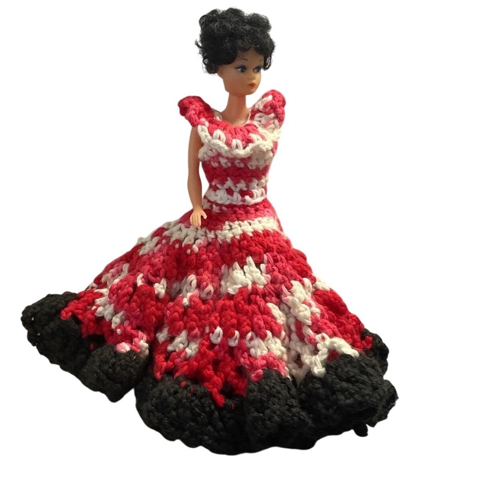 Vintage Spanish Flamenco Style Doll Hand Crocheted Red White Blue Dress 7.5 Inch